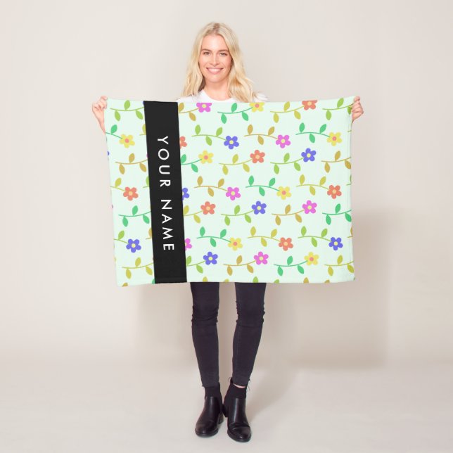 Colourful Flowers, Light Green Background, Black Fleece Blanket (In Situ)