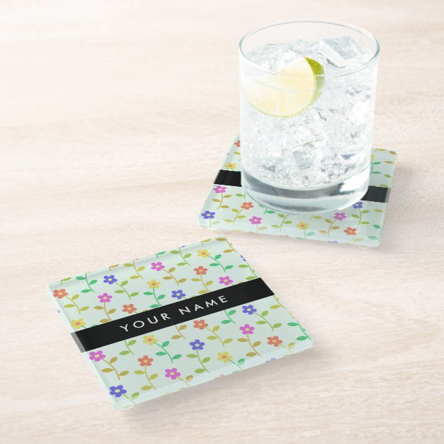 Colourful Flowers, Light Green Background, Black Glass Coaster (Angled)
