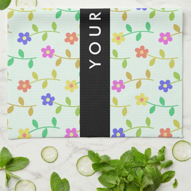 Colourful Flowers, Light Green Background, Black Kitchen Towel (Folded)
