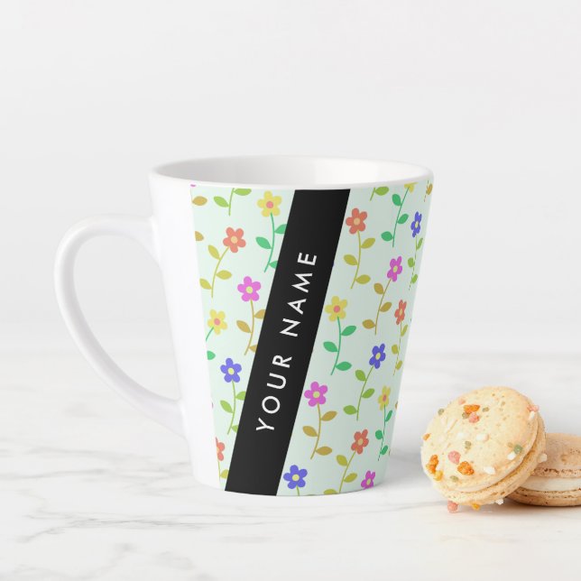 Colourful Flowers, Light Green Background, Black Latte Mug (In Situ)