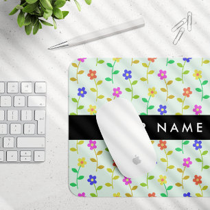 Colourful Flowers, Light Green Background, Black Mouse Pad