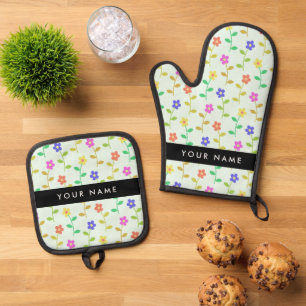 Colourful Flowers, Light Green Background, Black Oven Mitt & Pot Holder Set