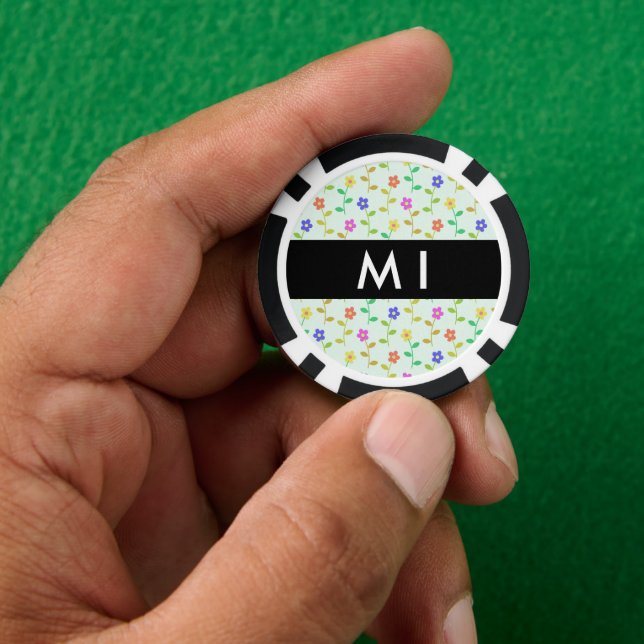 Colourful Flowers, Light Green Background, Black Poker Chips (Hand)