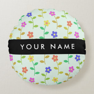 Colourful Flowers, Light Green Background, Black Round Pillow
