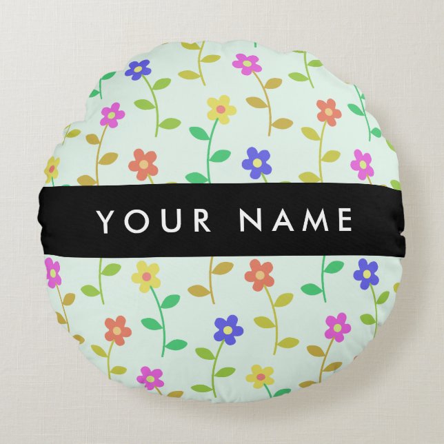 Colourful Flowers, Light Green Background, Black Round Pillow (Front)