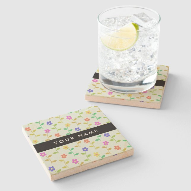 Colourful Flowers, Light Green Background, Black Stone Coaster (Side)