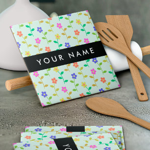 Colourful Flowers, Light Green Background, Black Tile