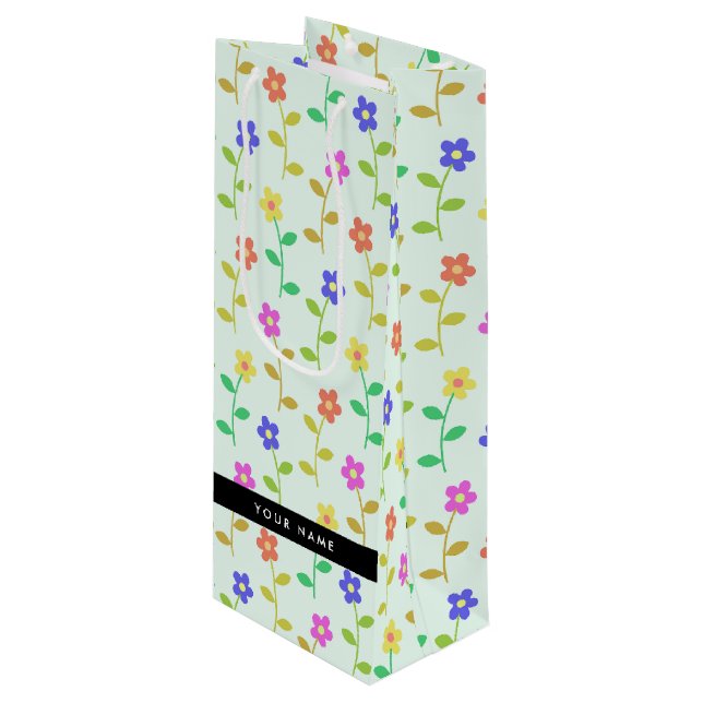 Colourful Flowers, Light Green Background, Black Wine Gift Bag (Front Angled)