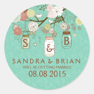 Colourful Flowers & Mint-Green Hanging Mason Jar Classic Round Sticker
