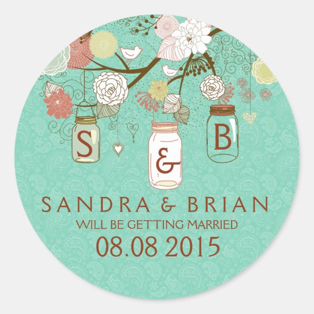 Colourful Flowers & Mint-Green Hanging Mason Jar Classic Round Sticker (Front)