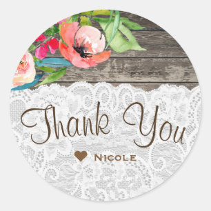 Colourful Flowers Modern Floral Chic Wood & Lace Classic Round Sticker