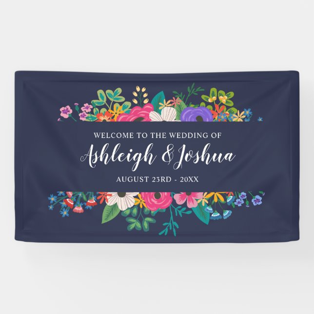 Colourful Flowers Navy Blue Wedding Welcome Banner (Horizontal)
