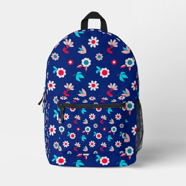 Colourful Flowers on a Dark Blue Background Printed Backpack (Front)