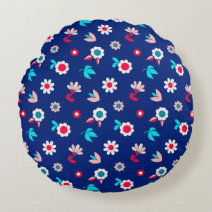 Colourful Flowers on a Dark Blue Background Round Pillow