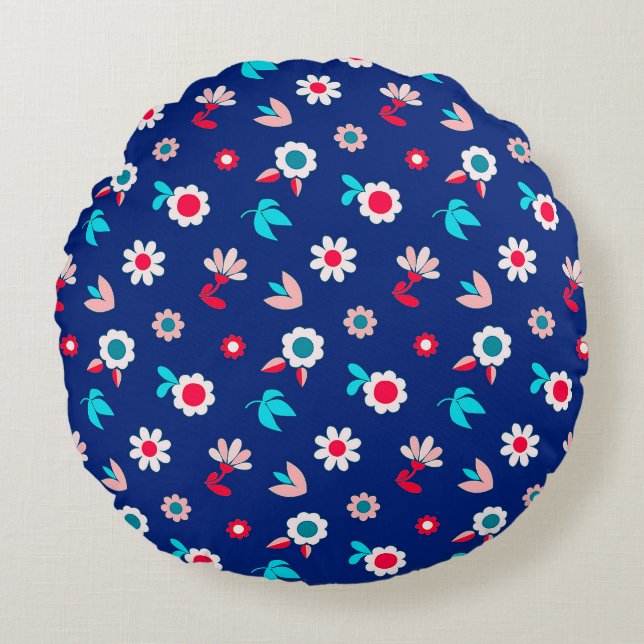 Colourful Flowers on a Dark Blue Background Round Pillow (Front)