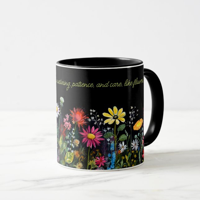 Colourful flowers on Black Watercolor Print Mug (Front Right)