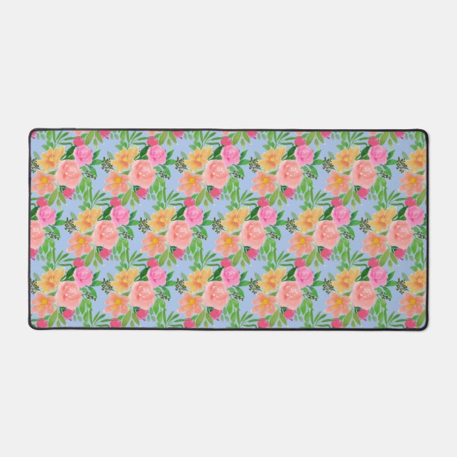 Colourful Flowers on Light Blue Desk Mat (Front)