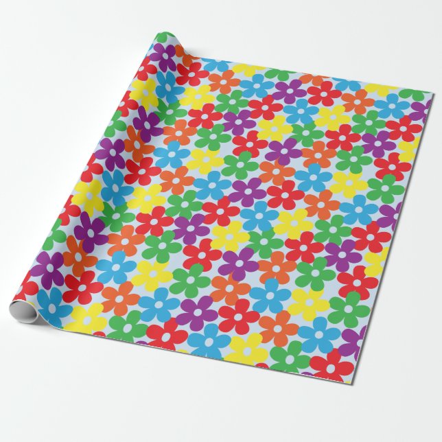 Colourful Flowers on Light Blue Wrapping Paper (Unrolled)