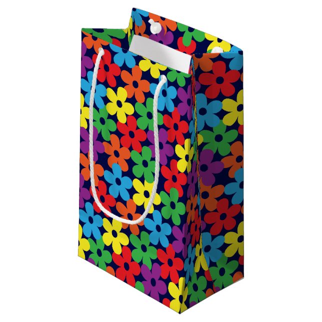 Colourful Flowers on Navy Blue Small Gift Bag (Front Angled)