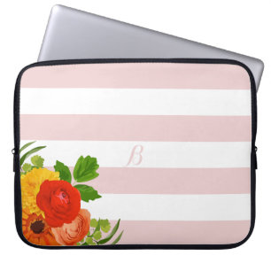 Colourful Flowers Over White And Pink Stripes Laptop Sleeve