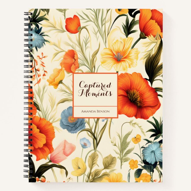 Colourful Flowers Pattern Painting in Beige Notebook (Front)