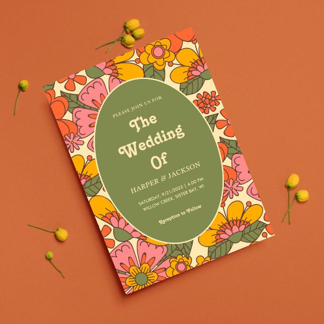 Colourful Flowers Pattern Retro Boho 70s Wedding Invitation (Creator Uploaded)