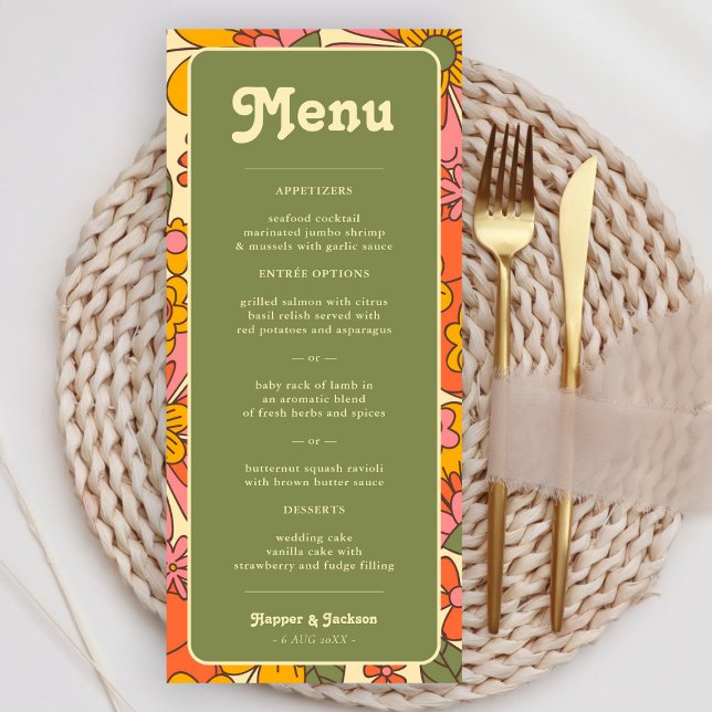 Colourful Flowers Pattern Retro Boho 70s Wedding Menu (Creator Uploaded)