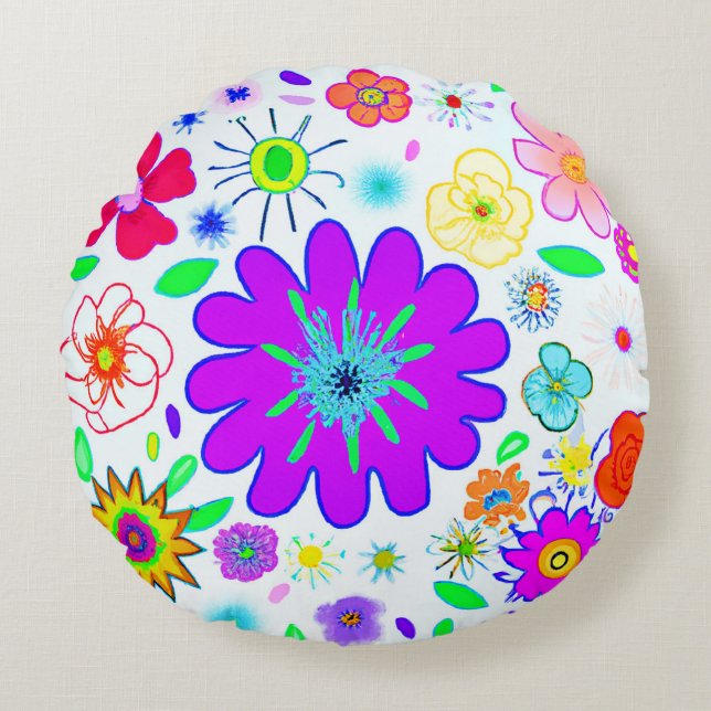 Colourful Flowers Pattern Round Pillow (Front)