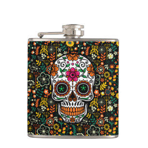 Colourful Flowers Pattern & Sugar Skull Hip Flask