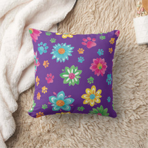 Colourful Flowers & Paw Prints Pillow