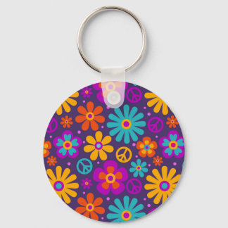 Colourful Flowers Peace Love Groovy Retro Hippie Keychain