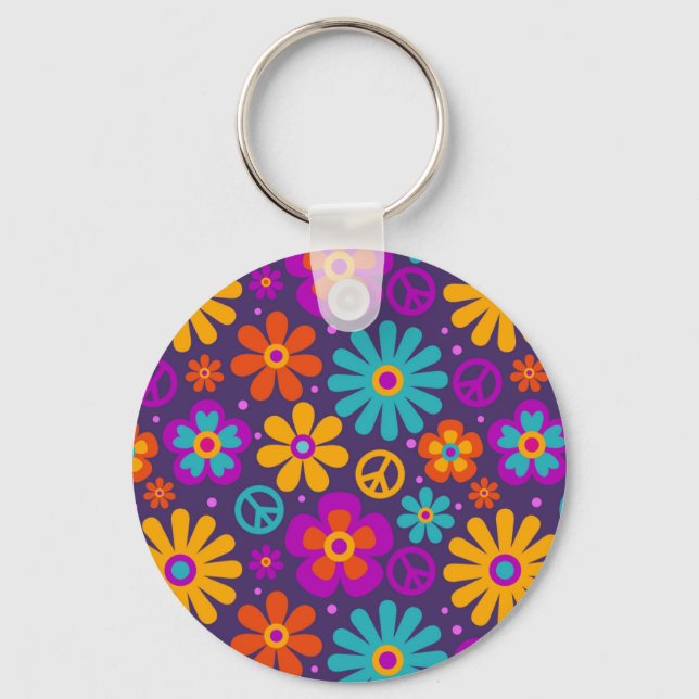Colourful Flowers Peace Love Groovy Retro Hippie Keychain (Front)