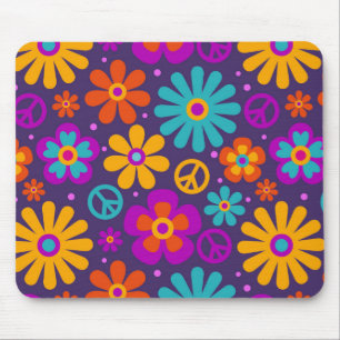 Colourful Flowers Peace Love Groovy Retro Hippie Mouse Pad