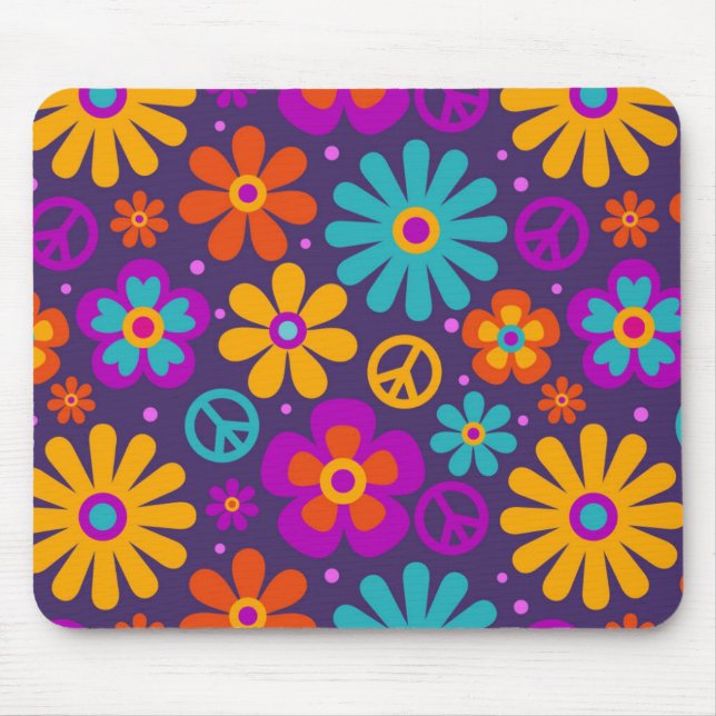 Colourful Flowers Peace Love Groovy Retro Hippie Mouse Pad (Front)