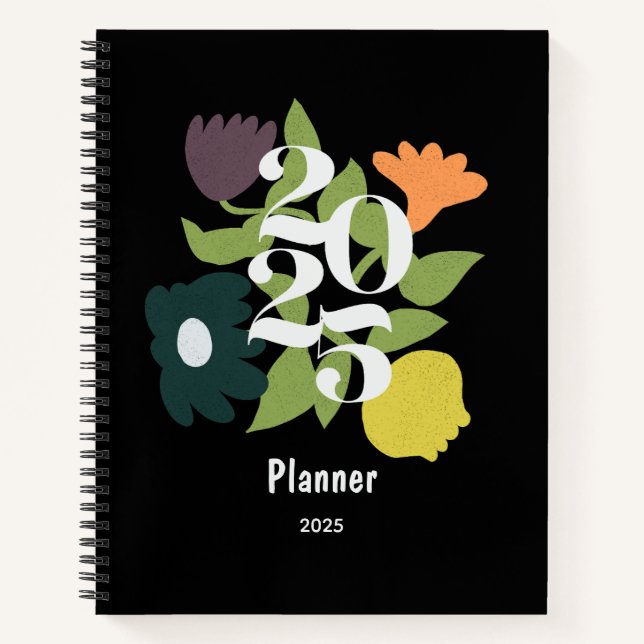 Colourful Flowers Personalized Black Planner  Notebook (Front)