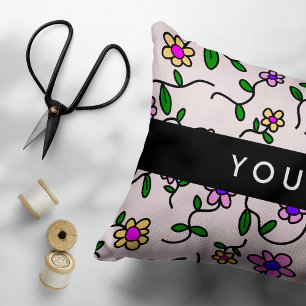 Colourful Flowers, Pink Background, Black Accent Pillow
