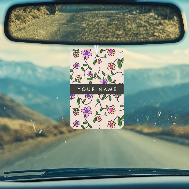 Colourful Flowers, Pink Background, Black Air Freshener (Creator Uploaded)