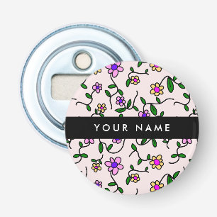 Colourful Flowers, Pink Background, Black Bottle Opener