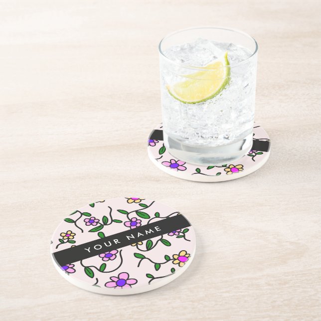 Colourful Flowers, Pink Background, Black Coaster (Side)