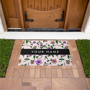 Colourful Flowers, Pink Background, Black Doormat