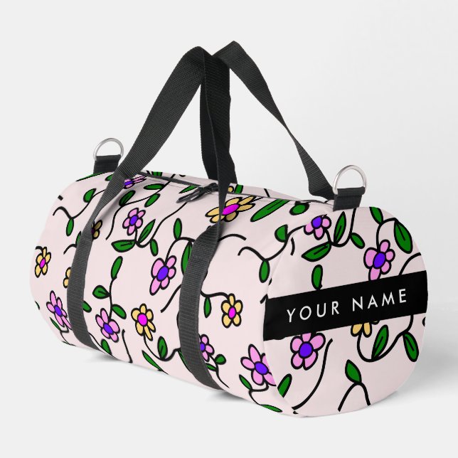 Colourful Flowers, Pink Background, Black Duffle Bag (Left Corner)