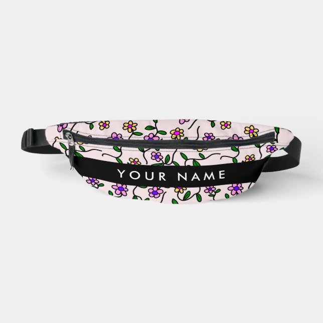 Colourful Flowers, Pink Background, Black Fanny Pack (Front)