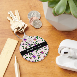 Colourful Flowers, Pink Background, Black Keychain