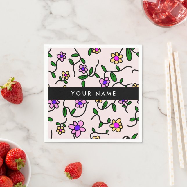 Colourful Flowers, Pink Background, Black Napkin (Insitu)