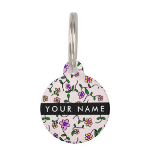 Colourful Flowers, Pink Background, Black Pet Tag