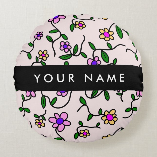 Colourful Flowers, Pink Background, Black Round Pillow (Front)