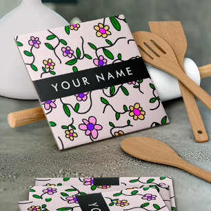 Colourful Flowers, Pink Background, Black Tile