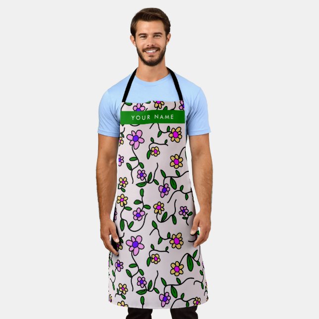 Colourful Flowers, Pink Background, Green Apron (Worn)