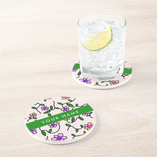 Colourful Flowers, Pink Background, Green Coaster (Side)