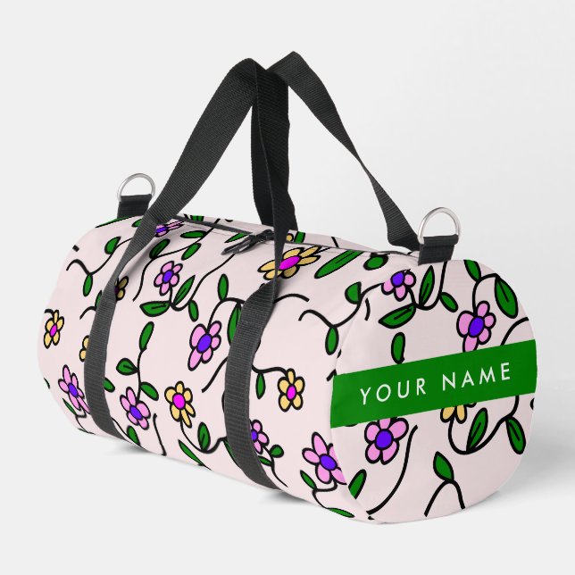 Colourful Flowers, Pink Background, Green Duffle Bag (Left Corner)